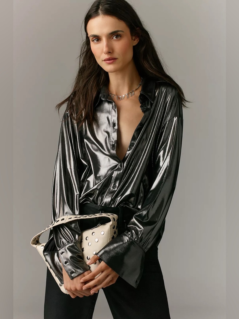 By Anthropologie Shine Buttondown Shirt Black Gunmetal Petite